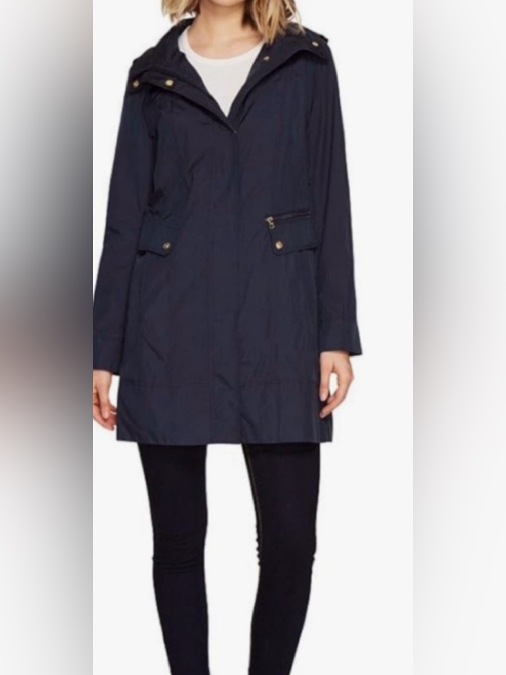 Cole Haan Navy Lightweight Trench Coat with Zip Pocket Detail